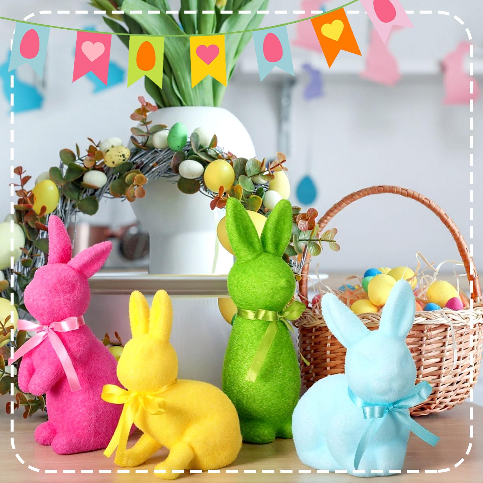 Pastel Flocked Easter Bunny Figurines - 7/6/4 Pcs Cute Velvet Rabbit Statues Set with Bow Ties, Adorable Easter Decor 2026 Bunny in Multiple Sizes & Poses for Tiered Tray Decor Spring Table Centerpiece Shelf Mantel Display Home Party Gifts Basket Stuffers