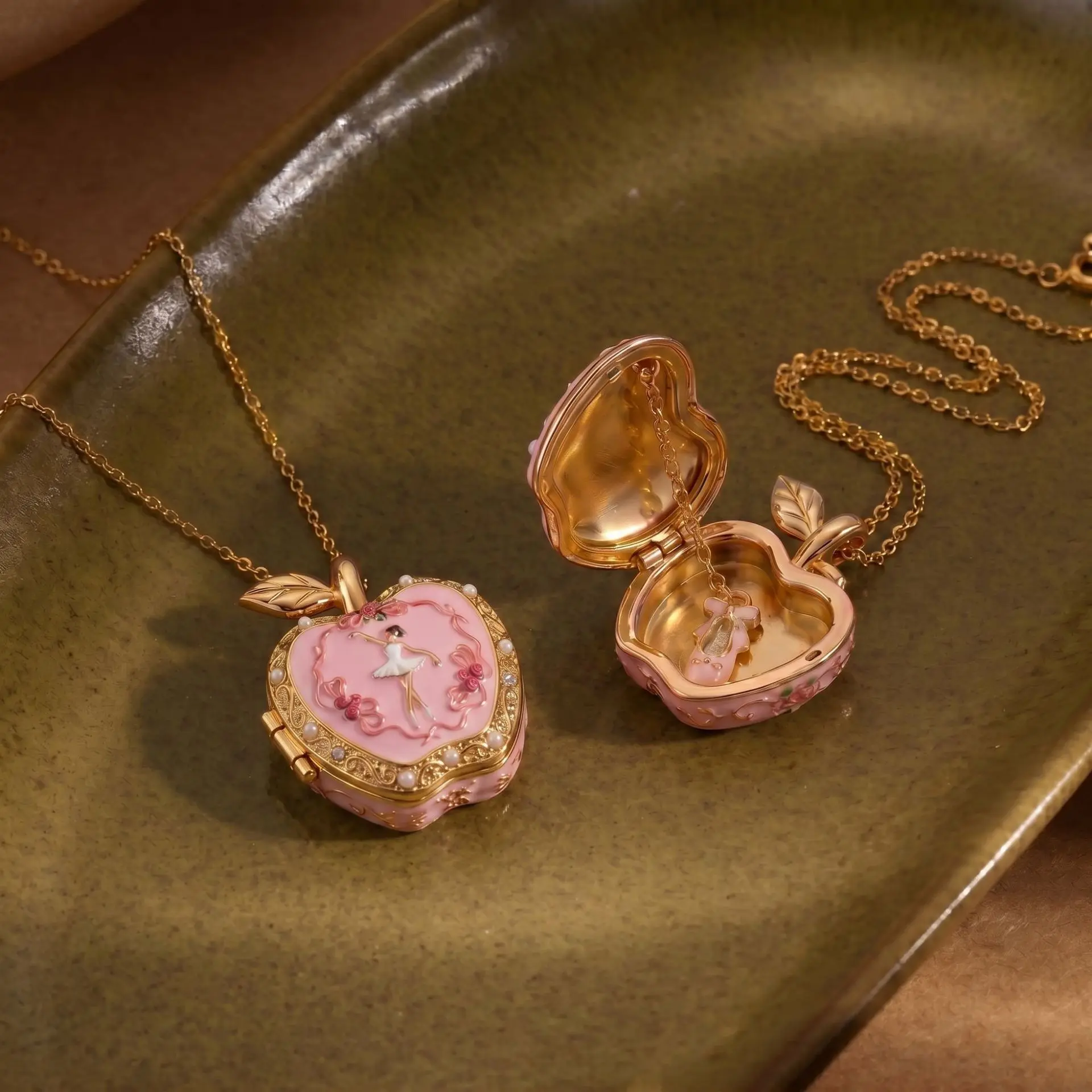 Novelty 14k Gold Plated Pink Enamel Apple Locket Necklace, Ballet Dancer Design with Tiny Shoe Charm, Keepsake Pendant Jewelry Perfect Gift for Women Girl Friends