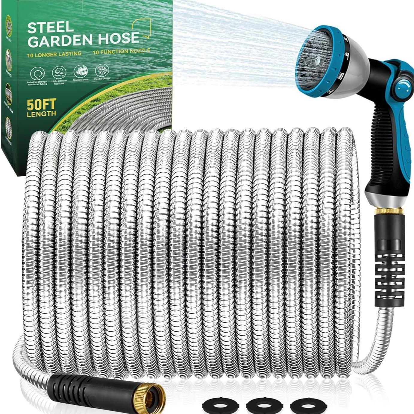 Garden Hose 50/100 ft Metal - Stainless Steel Water Hose Flexible Heavy Duty Garden Hose Collapsible and No Kink Water Pipe Handle Home Adjustable Nozzle Kink Resistant Hose