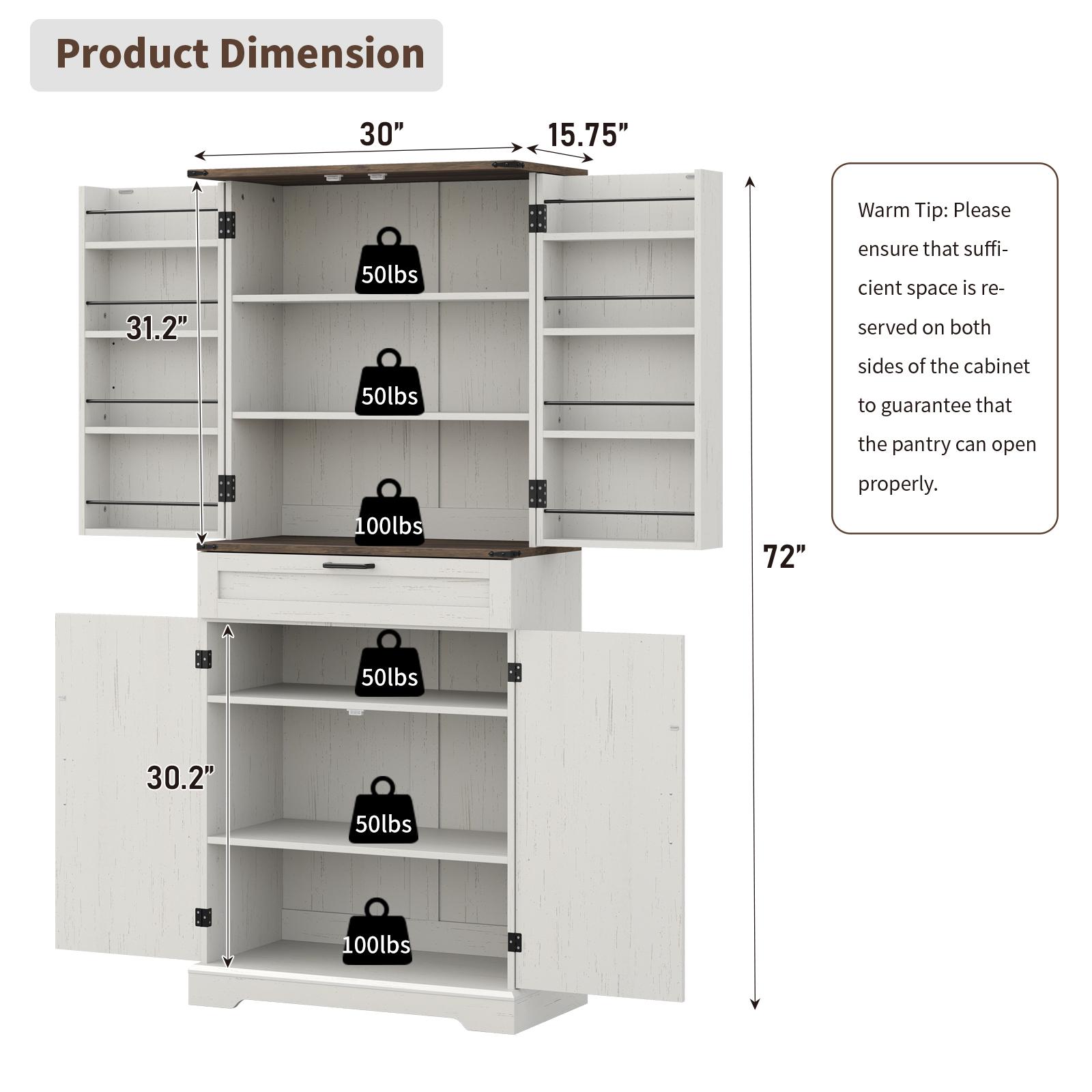 FUSOU 72'' Kitchen Storage Pantry Cabinet, Tall Storage Cabinet with 8 Door Shelves, 2 Cabinets and 1 Drawer, Freestanding Cupboard for Kitchen, Dining Room, Bathroom, Laundry, White