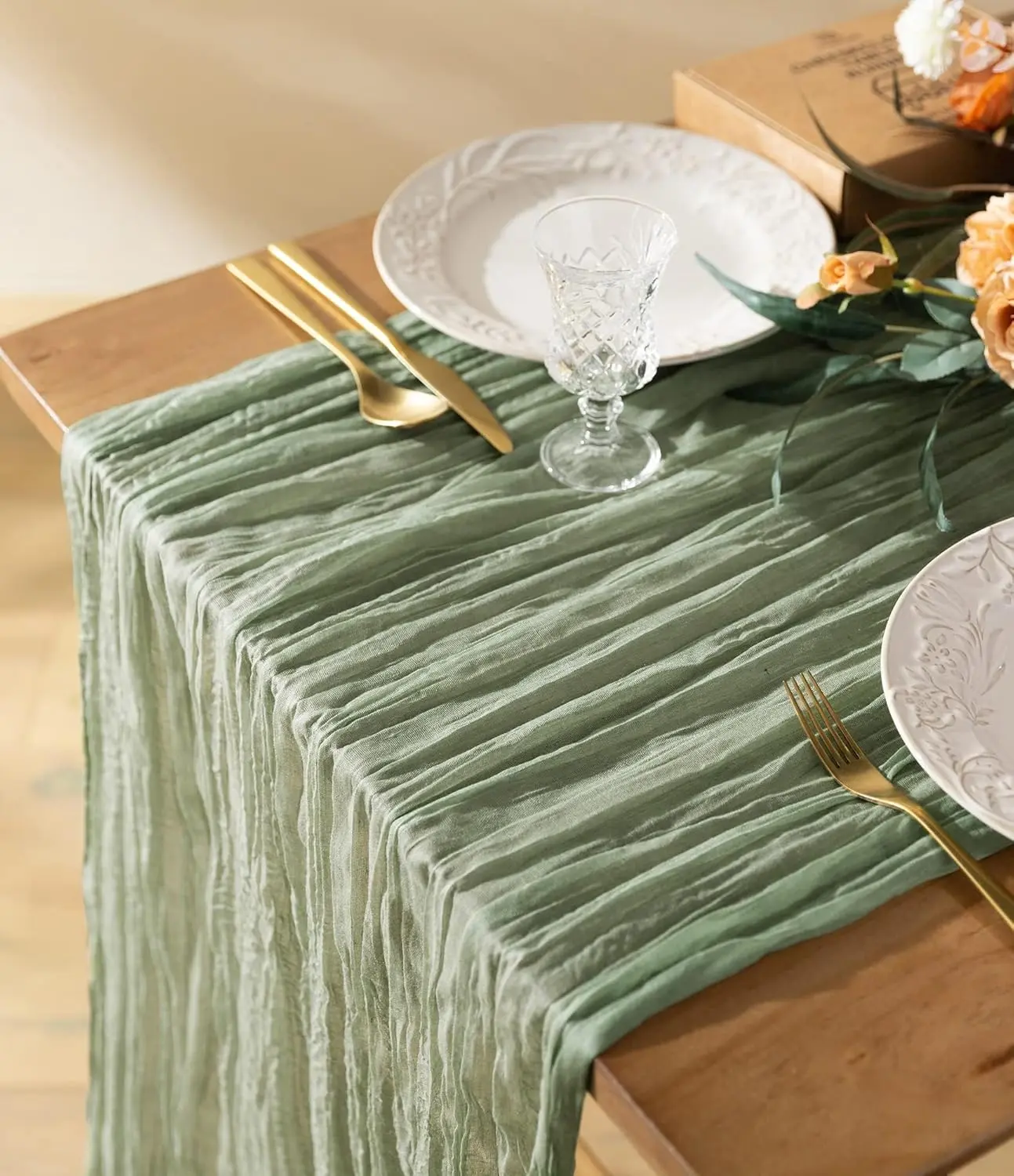 Vitalizart Sage Green Rectangle Cheesecloth Table Runner, 35in W x 120in L (10ft) 2-Sided Anti-Shrink Wrinkle Resistant Gauze Decor with Remote-Controlled Rose Vine, for Table Setting, Wedding Decor, All Seasons