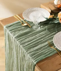 Vitalizart Cheesecloth Table Runner Sage Green 10Ft Gauze Boho Rustic 120 Inch for Wedding Bridal Shower Thanksgiving Christmas Decoration Remote-Controlled Rose Vine Decor romantic gauze table runner