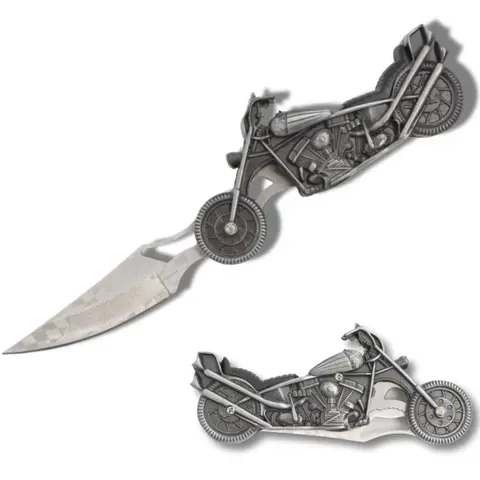 Master's Collection 4.75-in Manual-Retractable Folding Motorcycle Knife - Etched Stainless Steel Blade, Cast Metal Handle, Built-in LED Light - Men's Stuff, Birthday Gifts for Him, Guys Cool Gifts, Camping EDC Gear Gadget for Bikers