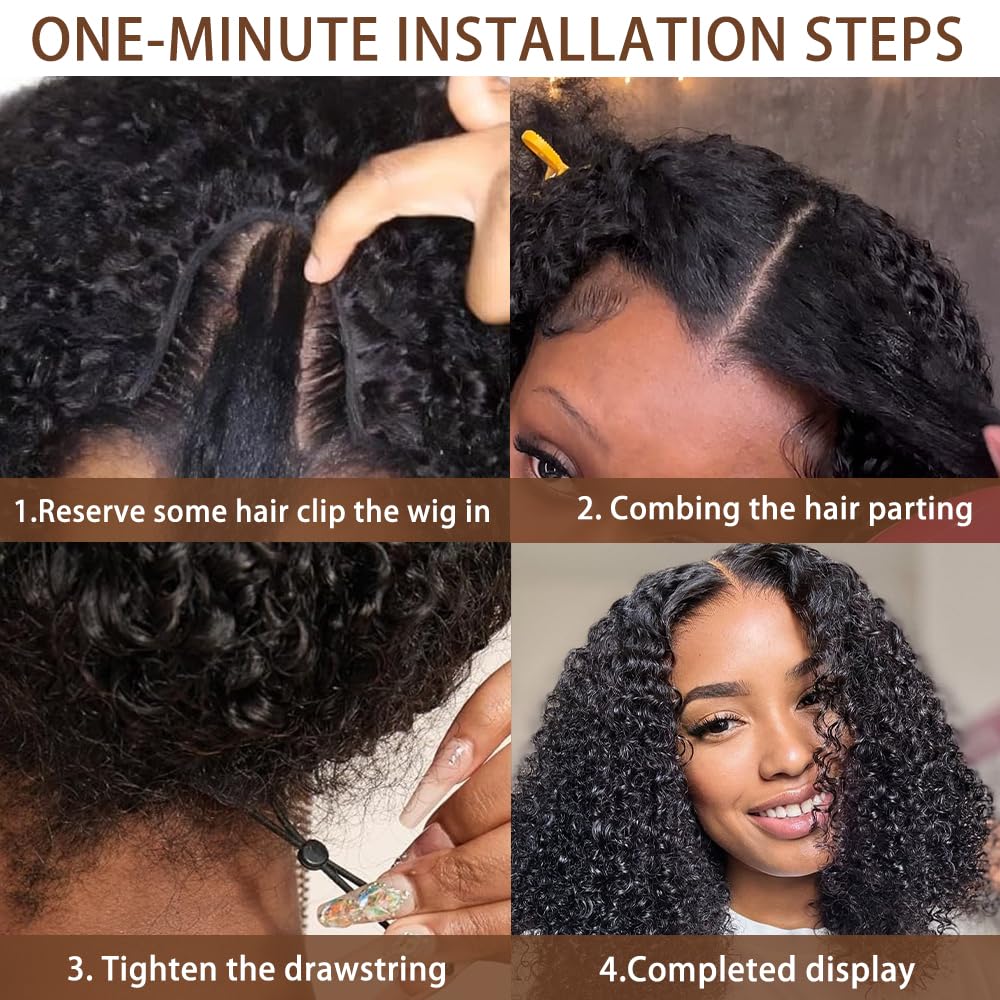 [V-Part WIG] Hot Star Burmese Curly V Part Wigs With Invisible Strap Drawstring 100% Human Virgin Hair Body Wave Glueless Wig Curly Wigs Natural Black