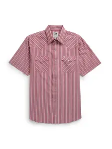 Men's Ely Cattleman Short Sleeve Americana Stripe Western Snap Shirt- Red & Blue