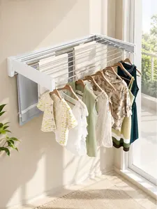 Wall Mounted Folding Clothes Drying Rack, Heavy Duty Space Saving Extendable Multi Rod Laundry Drying Rack for Indoor Outdoor Balcony Bathroom, Foldable Hangable Clothes Pole