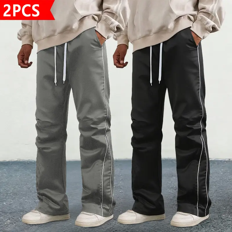 Men's Plain Stacked Track Pants 2-Pack - Streetwear Wide Leg Trousers with Contrast Piping, Drawstring Waist, Lightweight Satin Fabric, Casual Baggy Fit for Daily Wear, Menswear Beige Crewneck Accent