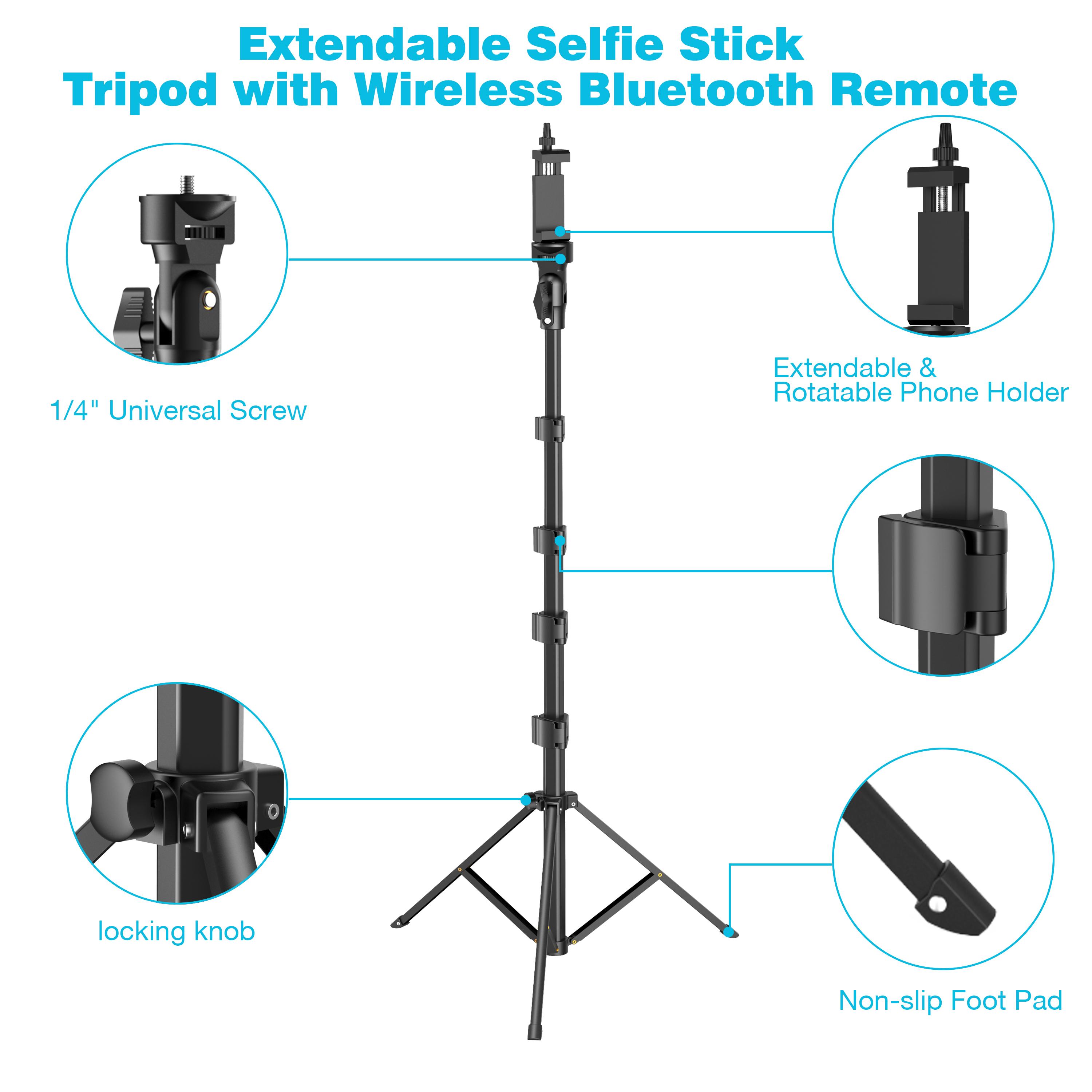 62'' Adjustable Phone Tripod & Selfie Stick with Bluetooth Remote, Universal Mount for iPhone, Android, and Cameras