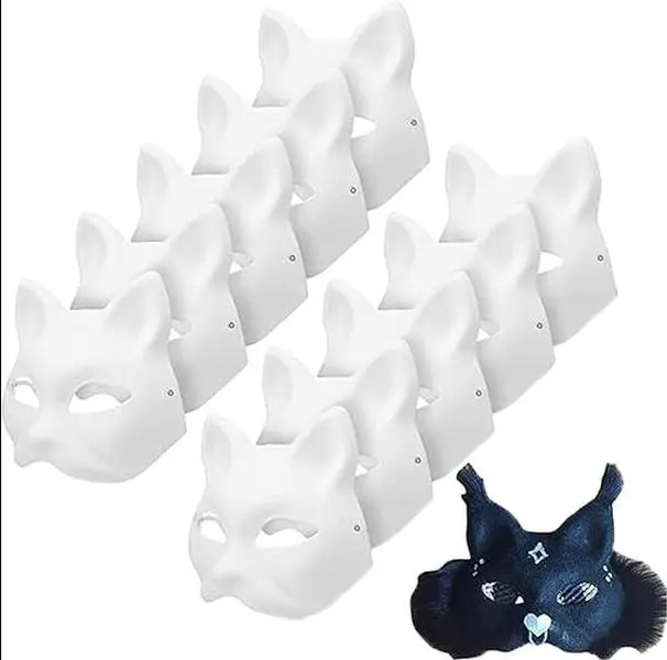 10PCS Cat Masks - White Therian Masks for Masquerade, Halloween, Kids Cosplay & Costume Parties