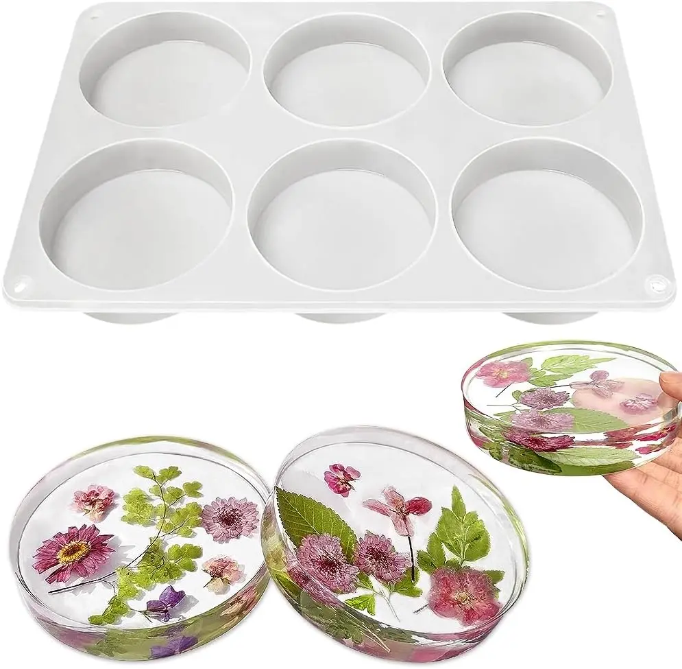 6-Cavity Deep Round Coaster Molds, 4 Inches Coaster Silicone Molds for Epoxy Resin, Coaster Resin Molds for Flower Bouquet Preservation