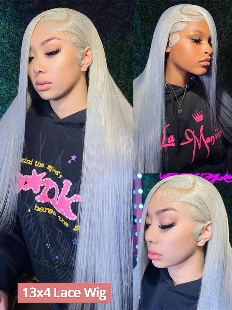 180% Density Silver Grey Straight Human Hair Wig For Women 13x4 13x6 Lace Frontal Wig Real Brazilian Human Hair Wig Eye-catching Hair In Summer Lace Front Wig