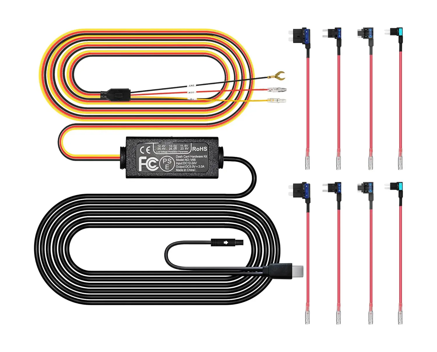 Pelsee Dashcam Hardwire Kit, 12V-24V to 5V Car Dash Camera Charger Power Cord for P1 Pro, S3 Touch, Includes 4 Fuse Cables & Installation Tool