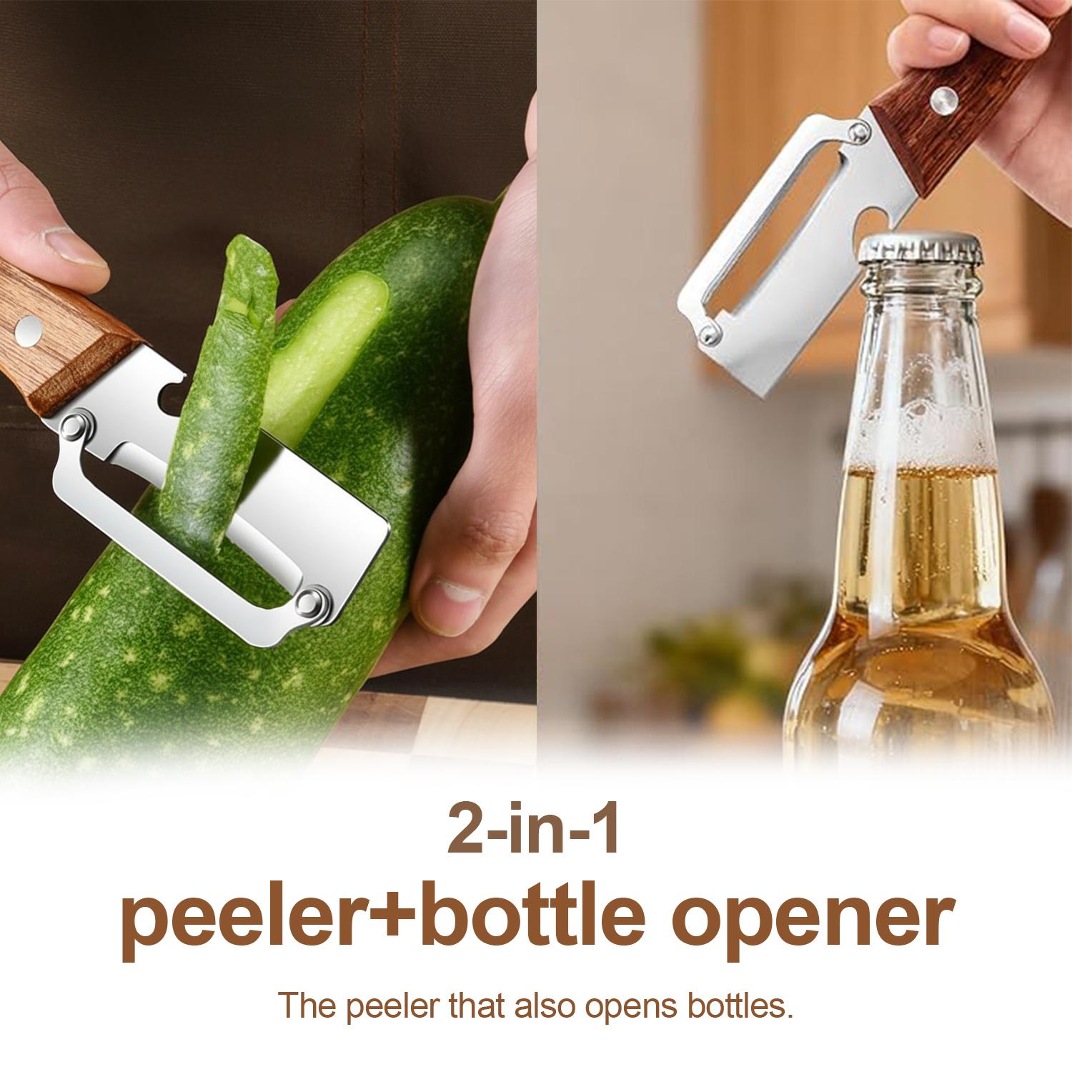 Multi-Functional Stainless Steel Peeler with Bottle Opener Peeling Knife Wooden Handle Kitchen Tool for Fruit Potato Pumpkin Papaya Sugarcane #SummerVibes