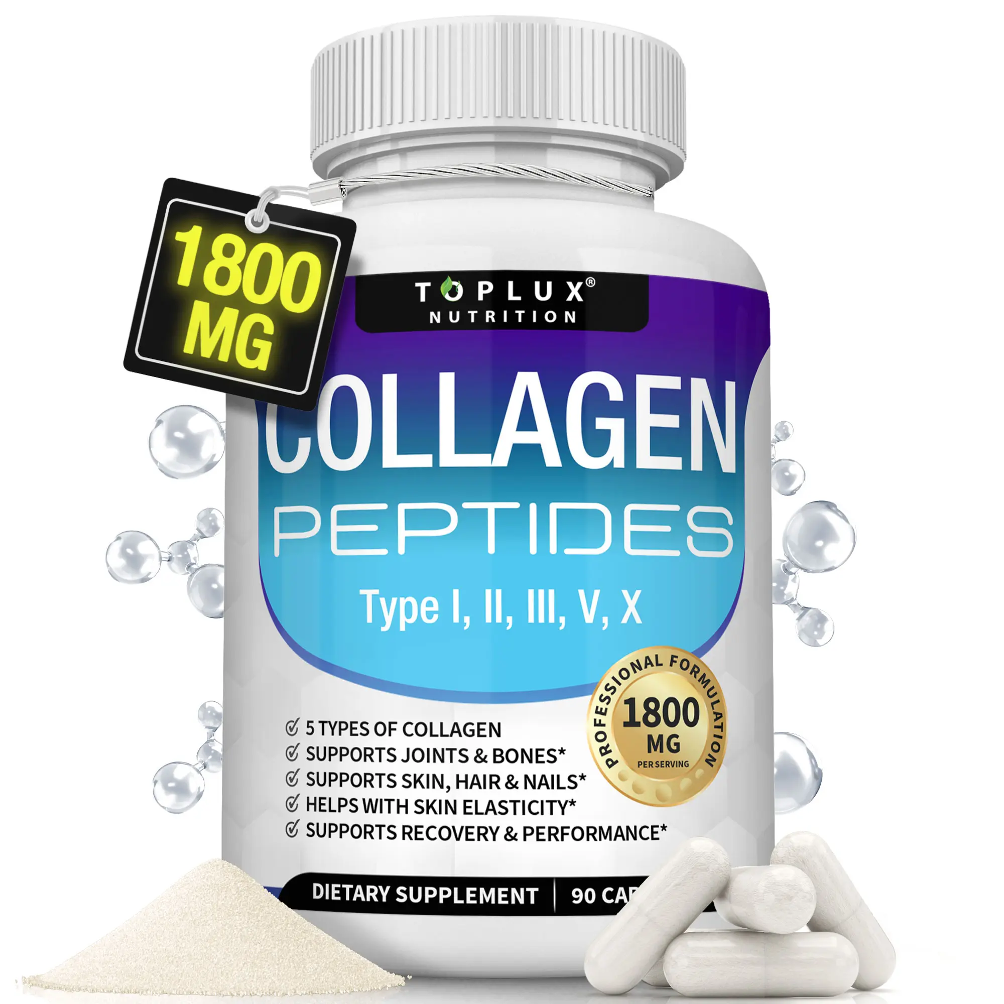 Toplux Nutrition Collagen Peptides 5 Types Complex 1800mg US Made Dietary Supplement for Health Beauty Fitness 90 Capsules