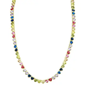 Rainbow Bezel Heart Tennis Necklace