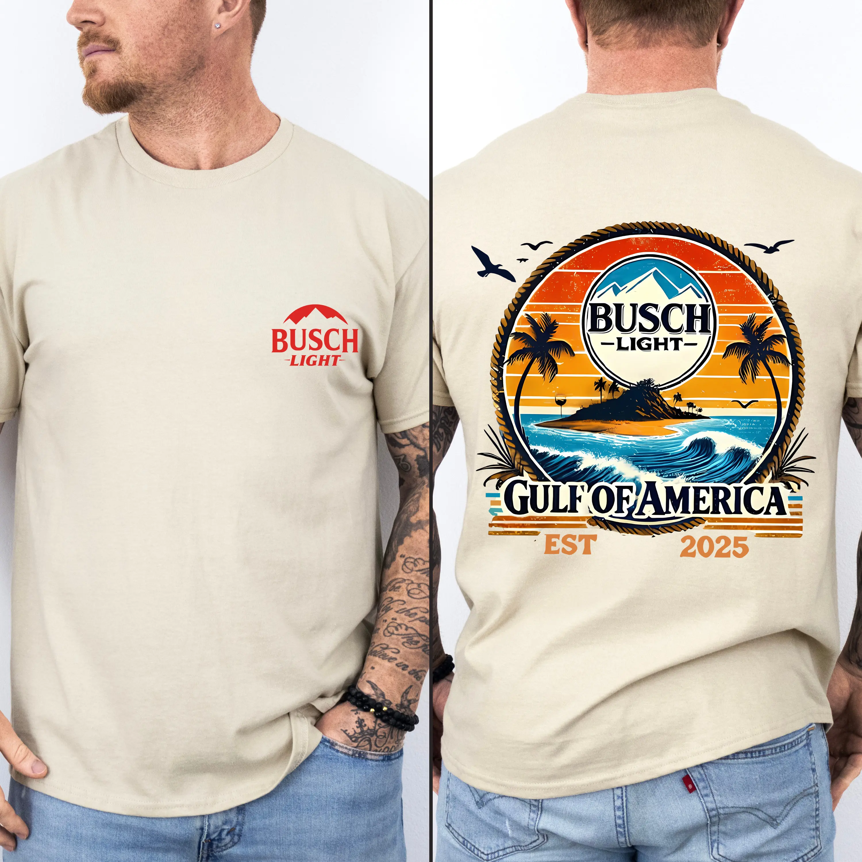 [ New Collection For Men ] [ 100% Cotton ] Busch Light Gulf of America 2025 T-Shirt, Perfect for Summer, Beach Parties and BBQ, Premium Soft Cotton Tee, Retro Sunset Island Graphic, Unisex Fit for Men and Women, Great Gift Idea - Menswears