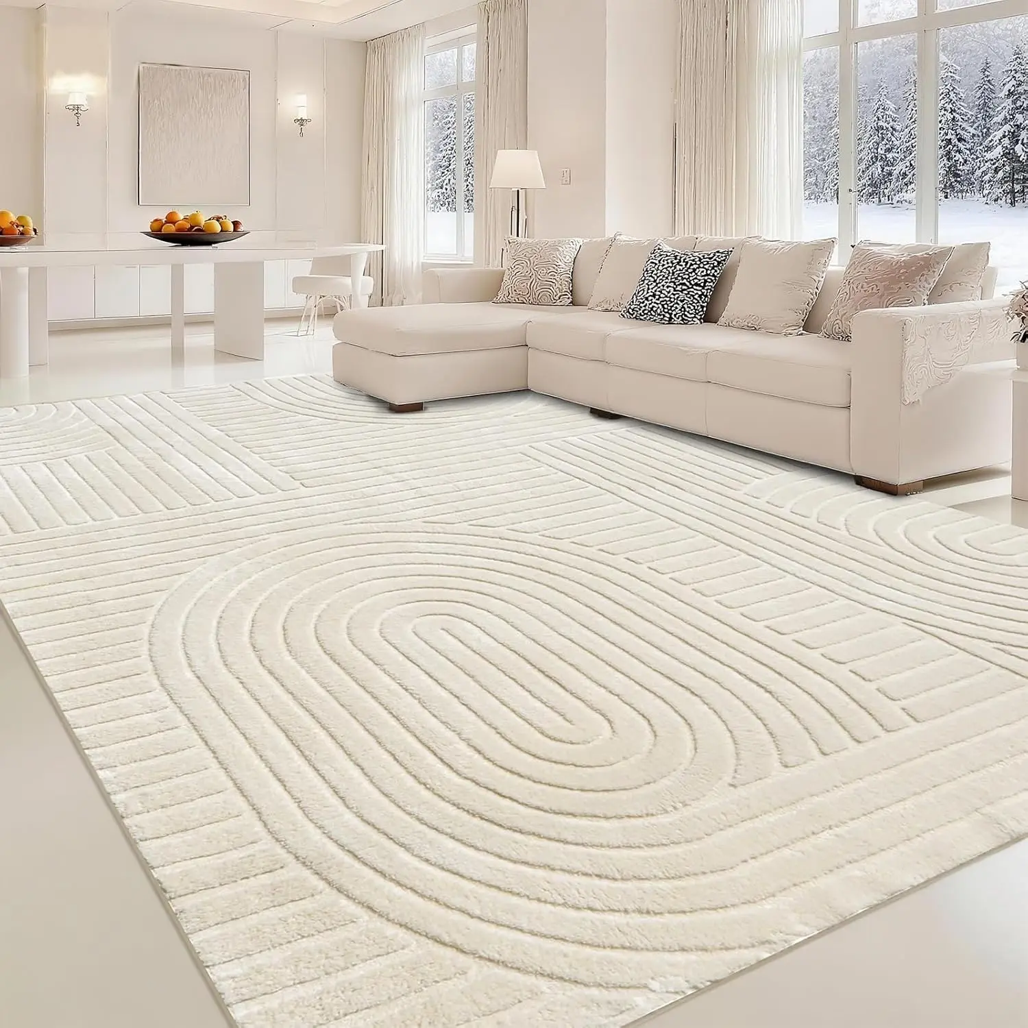 5x7 Geometric Solid Beige Area Rug – Washable, Durable Non-Slip Indoor Carpet with Soft High-Low Pile, Fluffy Floor Rugs for Living Room, Bedroom, Bedside, Kids Room, Nursery,Home Office Décor