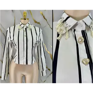 White & Black Striped Pearl Collar Blouse