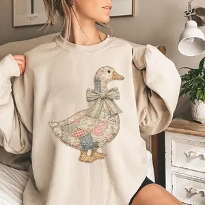Vintage Faux Patchwork Grandmacore Goose Shirt, Easter graphic Sweatshirt Hoodie, floral retro coquette duck Crewneck, cottagecore gingham Spring Top