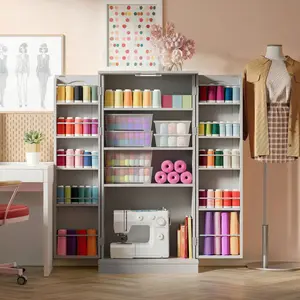 50" Craft Storage Cabinet with LED Lights​​ – Adjustable Shelves Sewing Organizer, Multi-Purpose Sewing Cabinet for Craft Room, Home Office Wood Boxes