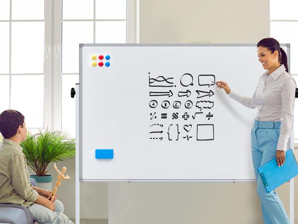 Double-Sided Magnetic Rolling Whiteboard with Silver Aluminium Frame, Wheels, Stand, Dry Erase Markers, Classroom Supplies for Office & Home Use