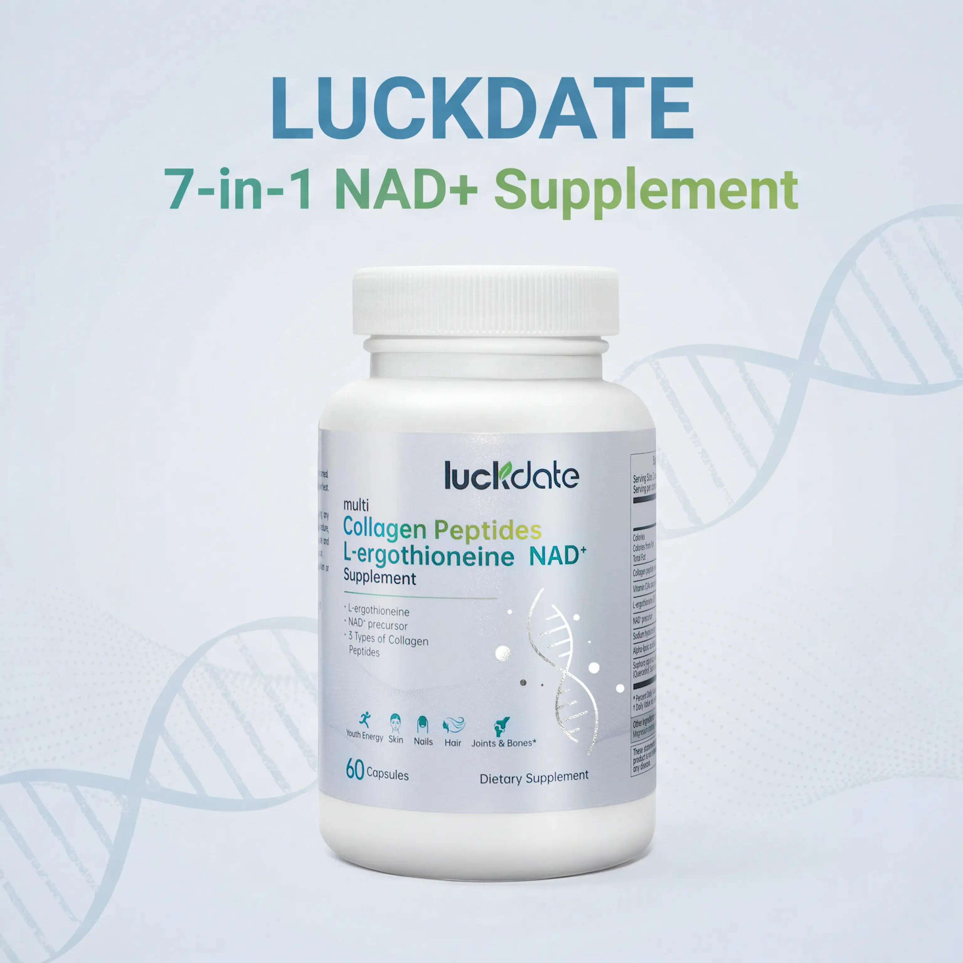 LUCKDATE NAD+ Supplement 7-in-1 Formula with Collagen L-ergothioneine & Vitamin C for Skin Aging Support, Energy, and Focus, Boost NAD+ - 60 Capsules