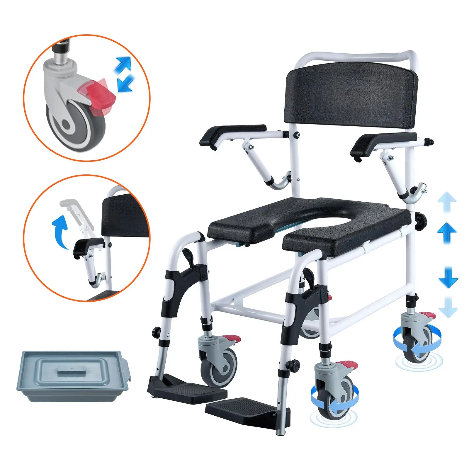 【SummerFinds】VEVOR Shower Commode Wheelchair with 4 Lockable Wheels, Footrests, Flip-up Arms, 3-Level Adjustable Height, 5L Removable Bucket, 350 LBS Capacity, Commode Chair for Adults Seniors