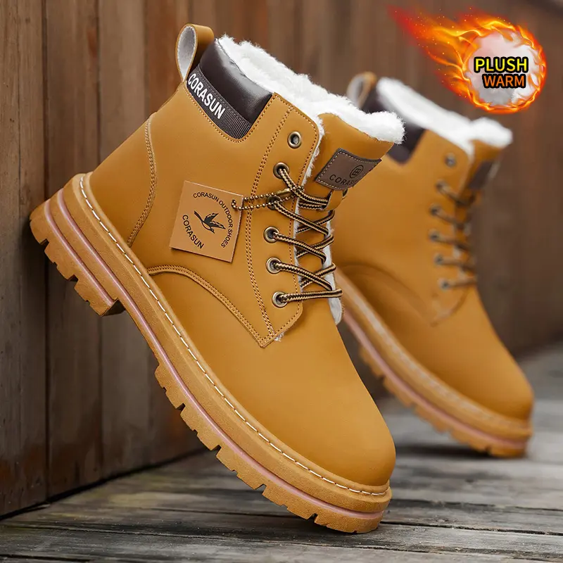 CORASUN 2025 US multi warehouse shipment for autumn and winter men's mid top sports and leisure shoes with fleece snow boots, anti slip work boots, leather covered outdoor boots, fashionable motorcycle boots