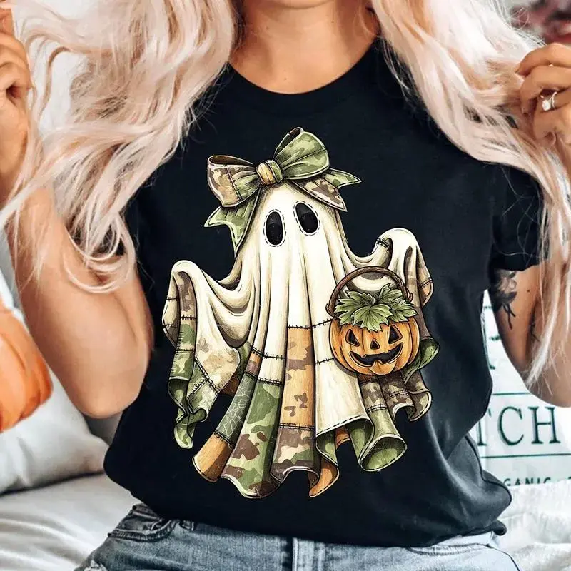 Cute Camo Patchwork Ghost Halloween Graphic Tee, Retro Spooky Fall Pumpkin Top, Vintage Holiday Birthday Gift