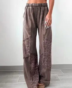 Mineral Wash Leopard Patchwork Loose Pants, High Elastic Waistline Ensures Flexible Adjustment For A Perfect Fit.