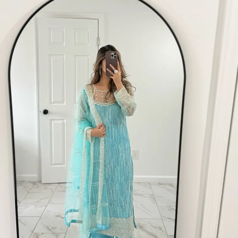 Pearl Embellished Suit for Weddings and Party Wear with Net Neck Design Stone Work and Heavy Pearl Work Womenswear Dress
