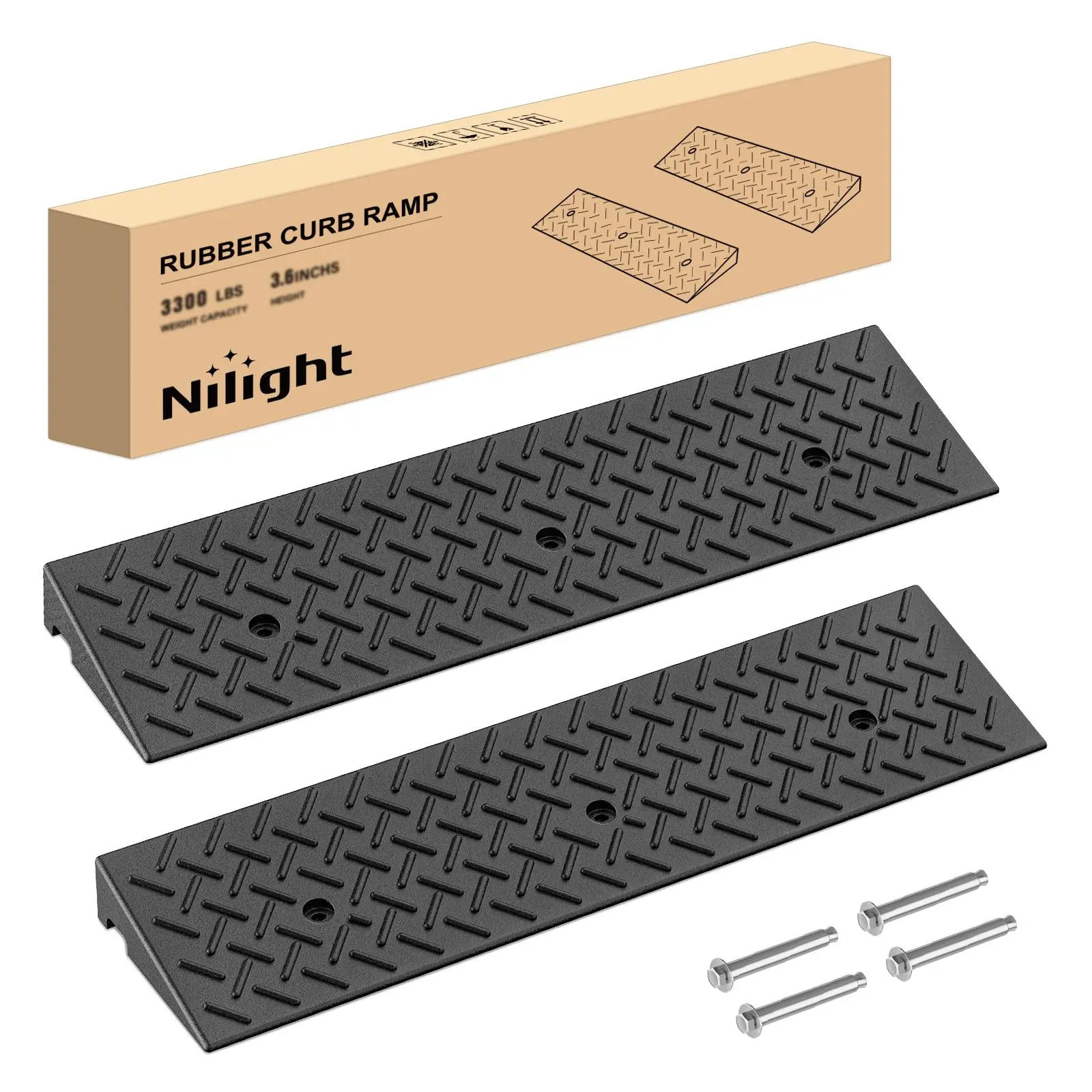 Nilight 2.4" Rise Heavy-Duty Rubber Curb Ramps (38.8x9.5") - 3300lbs Each Load-Bearing, Hollow Grid Structure, Pre-Drilled, Anti-Slip Surface, Side Drainage Holes (6600lbs/Pair) for Cars, Wheelchairs | Safe for Driveways, Barns, Warehouse Transitions, Tex