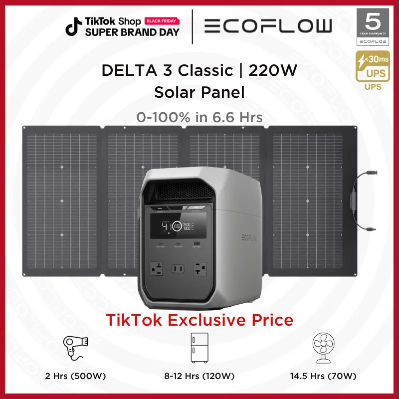 EF ECOFLOW DELTA 3 Classic Portable Power Station with 220W Solar Panel, Solar Charging, LiFePO4 Battery, 1800W AC/100W USB-C Output