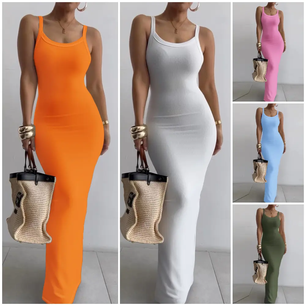 CHICME Women Spaghetti Strap U-Neck Casual Maxi Dresses Slim Fit Cami Dress/Elegant Solid Color Cami Lounge Dress Party Club  Bodycon Dress