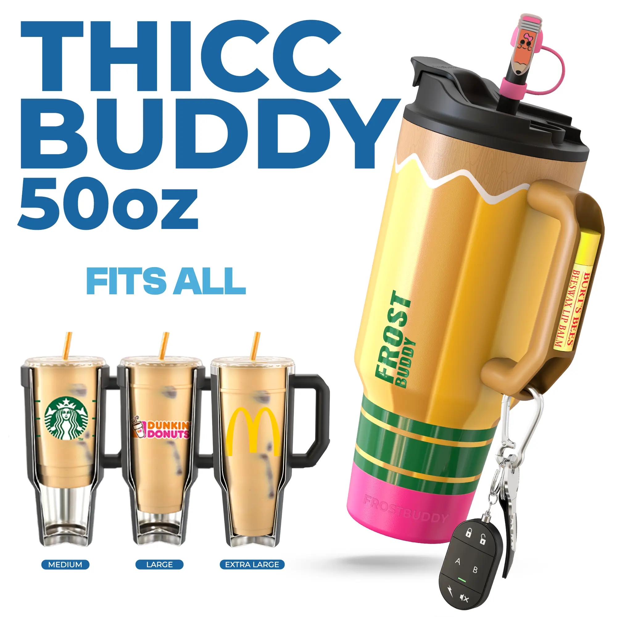 New Thicc Buddy 50oz Leak Proof Double Wall Vacuum Sealed Tumbler with Handle Fits Lip Balm & Keys Drinkware Flasks Lid Insulated Mug for 12+ Hours Cold & 8+ Hours Hot