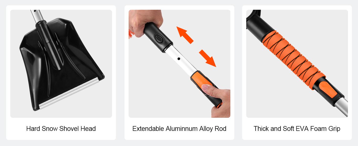 Odoland Ice Scraper with Snow Brush and Snow Shovel, 35" Extendable Snow Remover with Foam Grip, 360° Pivoting Brush Head for Car Windshield, Emergency Snow Scraper for SUV Truck Vehicle, Orange