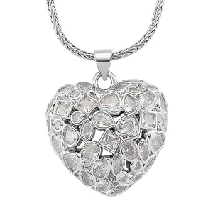 Cubic Zirconia Heart Pendant Necklace in Silvertone 20-21.5 Inches