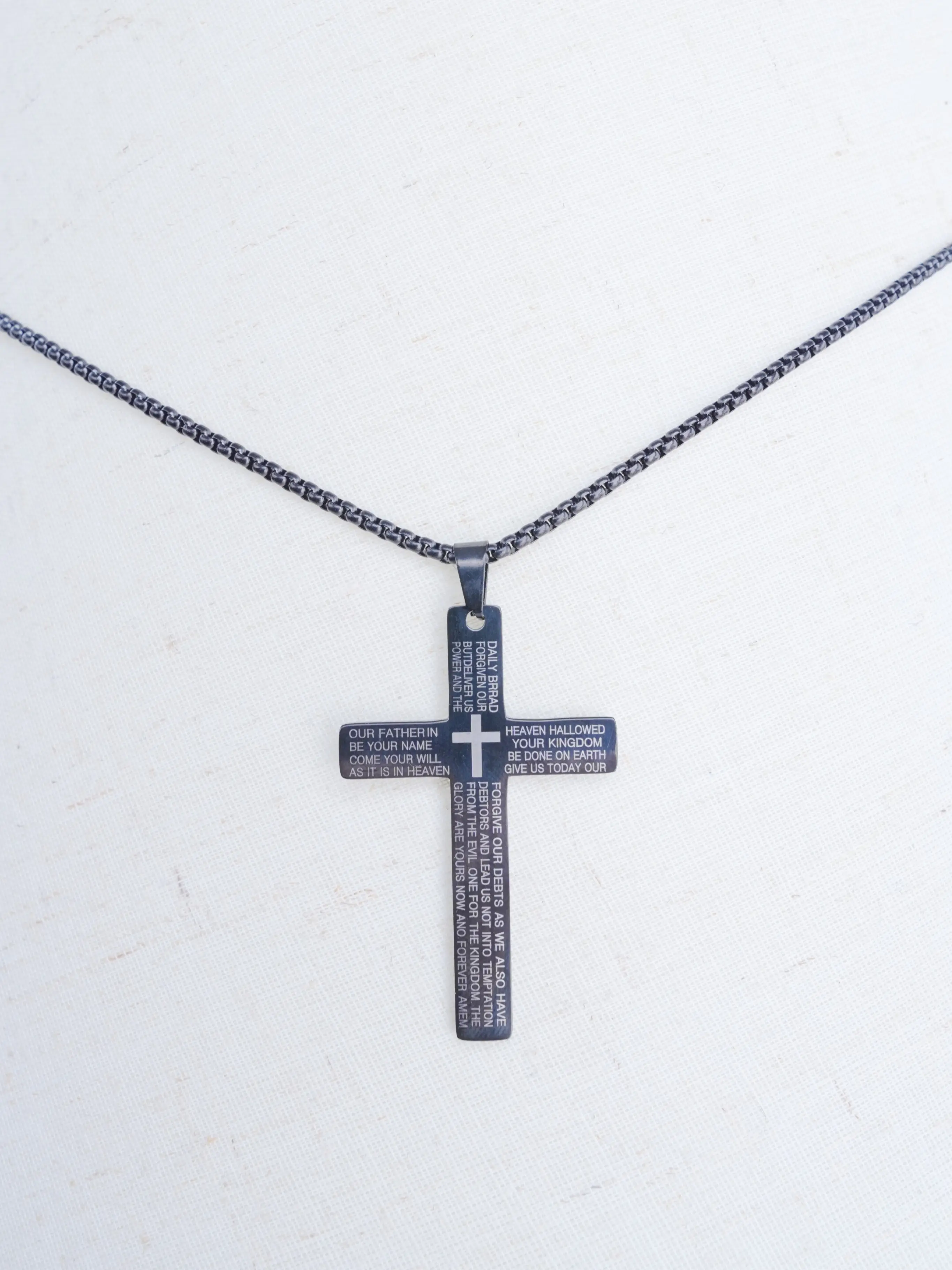 Engraved Bible Text Cross Pendant Necklace in Black Stainless Steel, Unisex Fashion Jewelry for Casual Wear & Parties, Fade-Resistant, Adults, Daily, Elegant Look, Natural Color Does Not Fade, Bible Engrave, Full Set Of Accessories, Cross Necklaces, Chain
