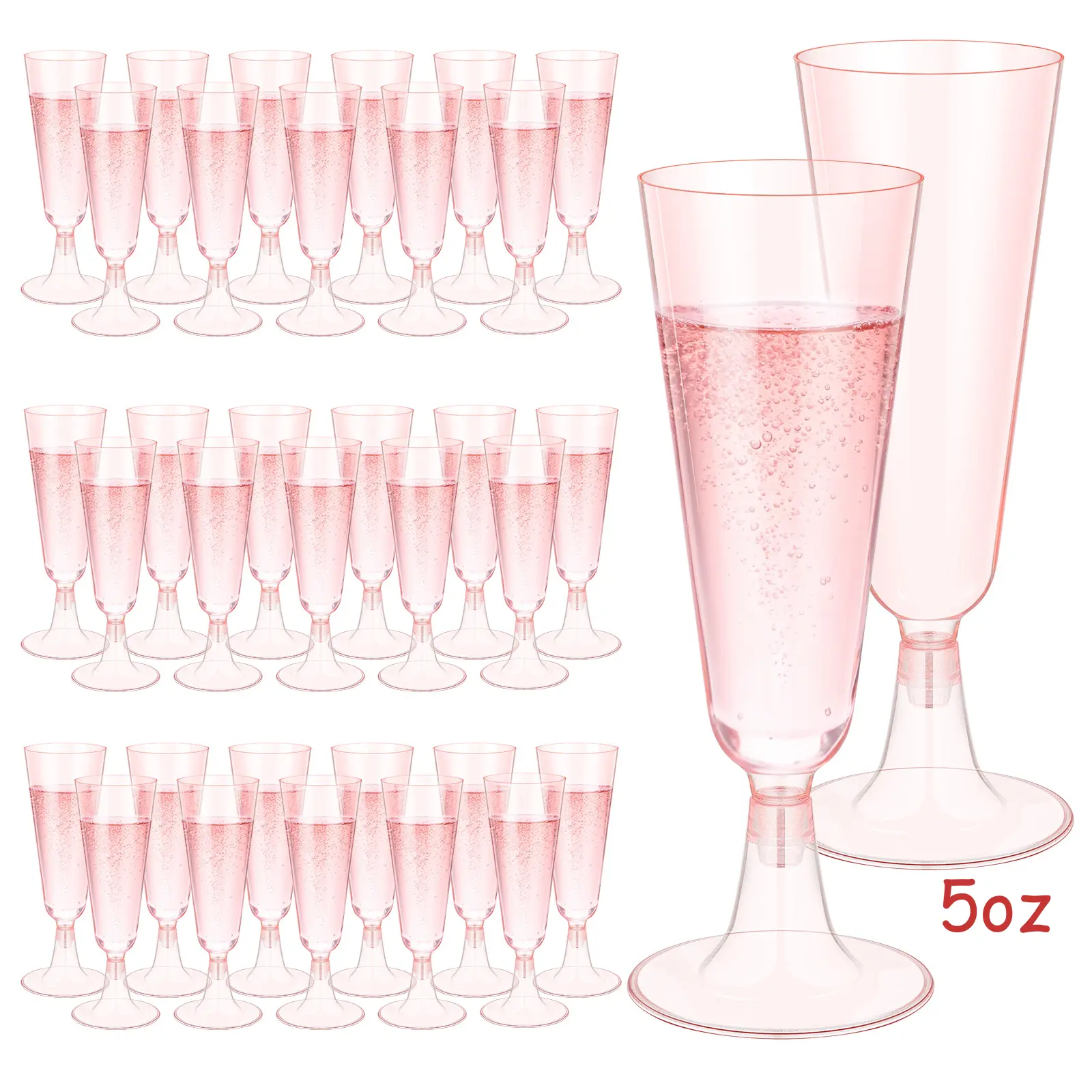 100Pcs 5oz Clear Pink Plastic Champagne Flutes, Disposable Clear Plastic Champagne Wine Cups Assemble Champagne Cups for Party Wedding Cocktail Cups