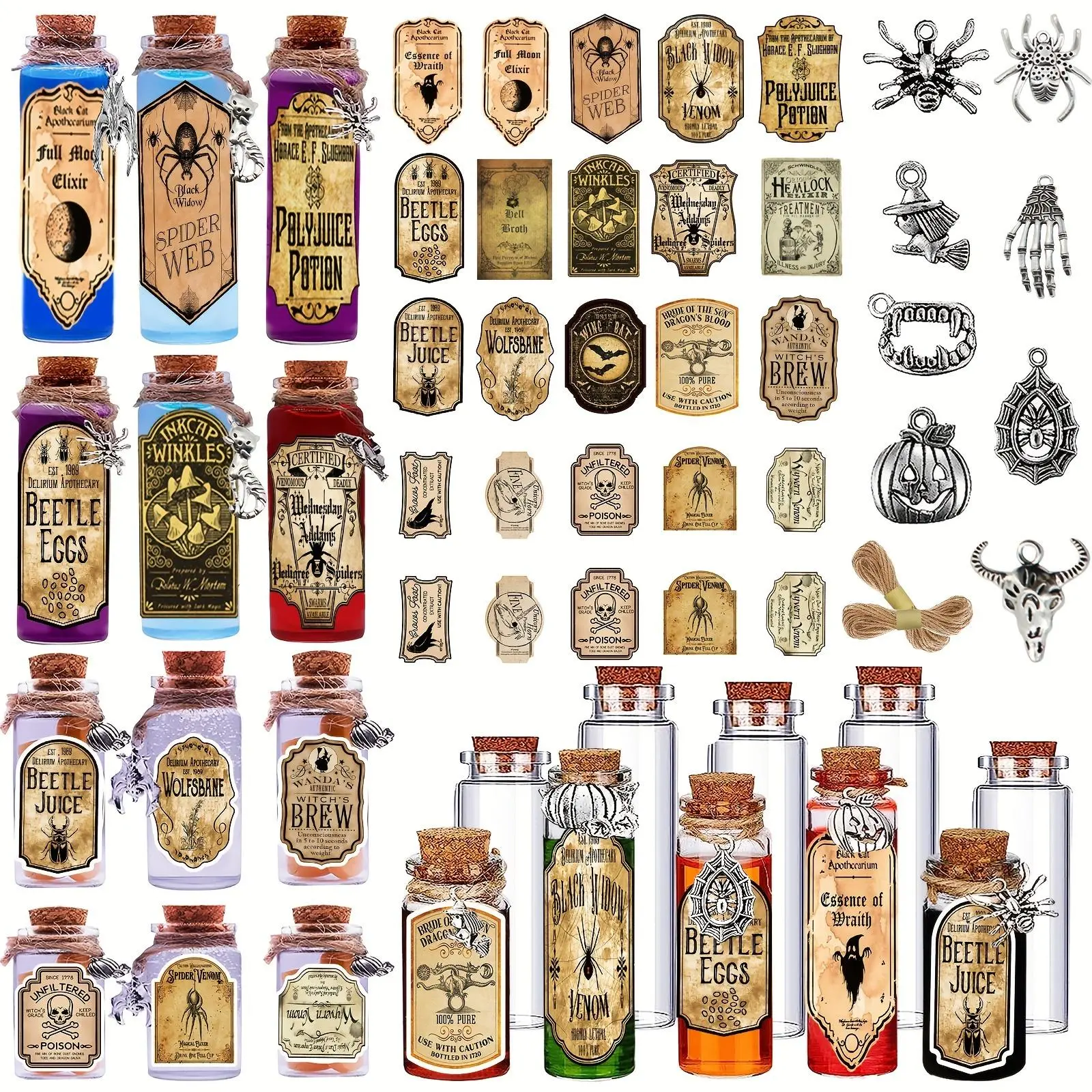 164 Pcs Apothecary Bottles with Cork - Witchcraft Supplies Halloween Decor with Labels, Pendants, Twines | Tiered Tray Decor, Personalized Gift Packs, Stocking Stuffers Party Favors Assortment Wedding Bundle Refillable Gift Box Themed Gift Box