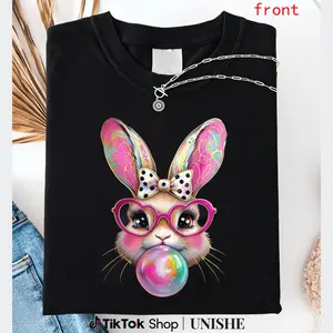 Unisex Casual Easter Tee with Happy Bunny and Brushstroke Effect - 100% Cotton