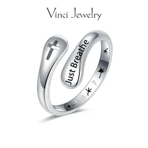 925 Just Breathe Open Ring Sterling Silver Anxiety Fidget Ring, Hypoallergenic Cross Adjustable Ring, Perfect for Daily Wear and Suit, Simple Unisex Gifting Friend with Gift Box Comes With Gift Box