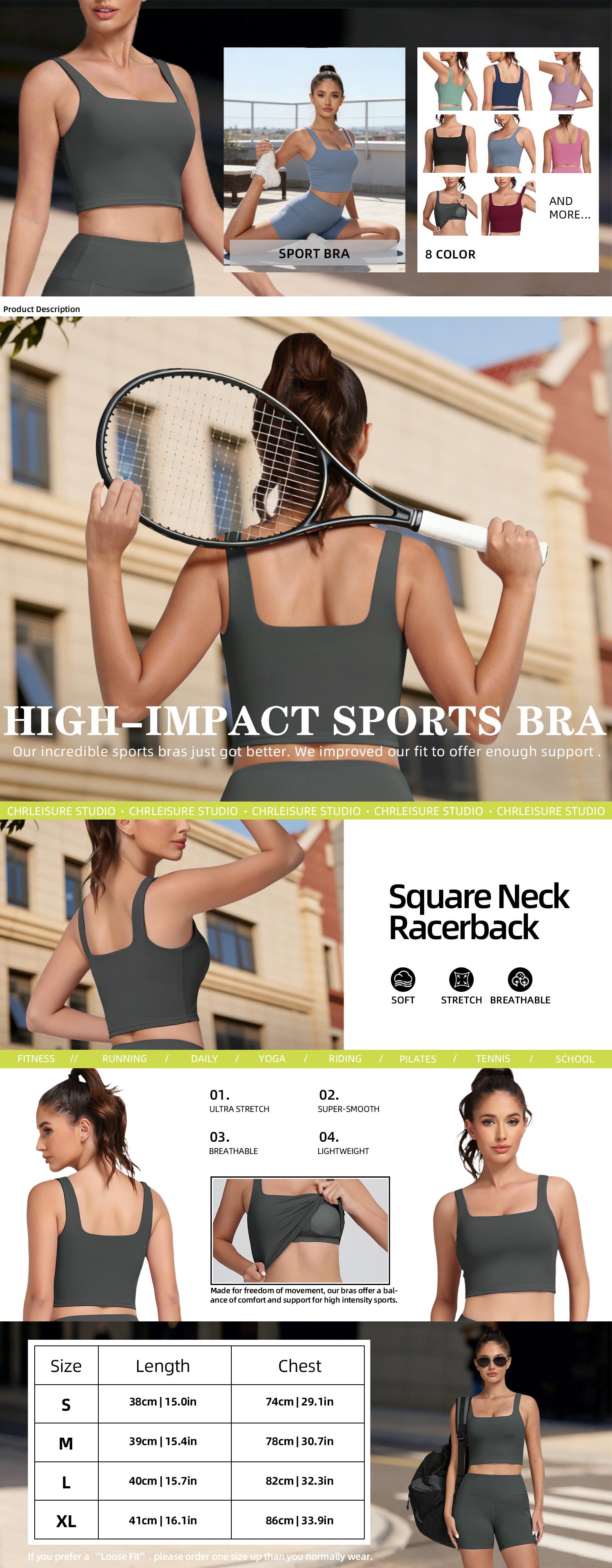 3 Packs U Back Longline Sports Bras for Women - Scoop Neck Padded Yoga Workout Crop Top with Built in Pads