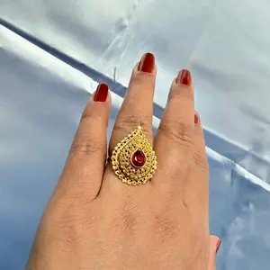 Women's Elegant Gold-Tone Finger Ring with Red Stone, Female Costume Fashion Accessory