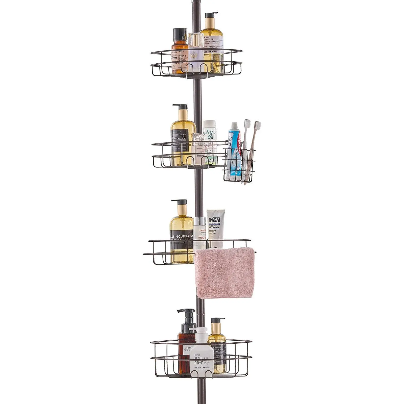【Summerfinds】VEVOR Stainless Steel Adjustable Tension Pole Shower Corner Caddy, 56"-114" Height Adjust, Rust-Proof, Toothbrush Hold, Buckle Design, Slip-Resist Base, Easy Installation, Bathroom Necessities, Corner Space Saver, Bath Storage Holder, Shower,