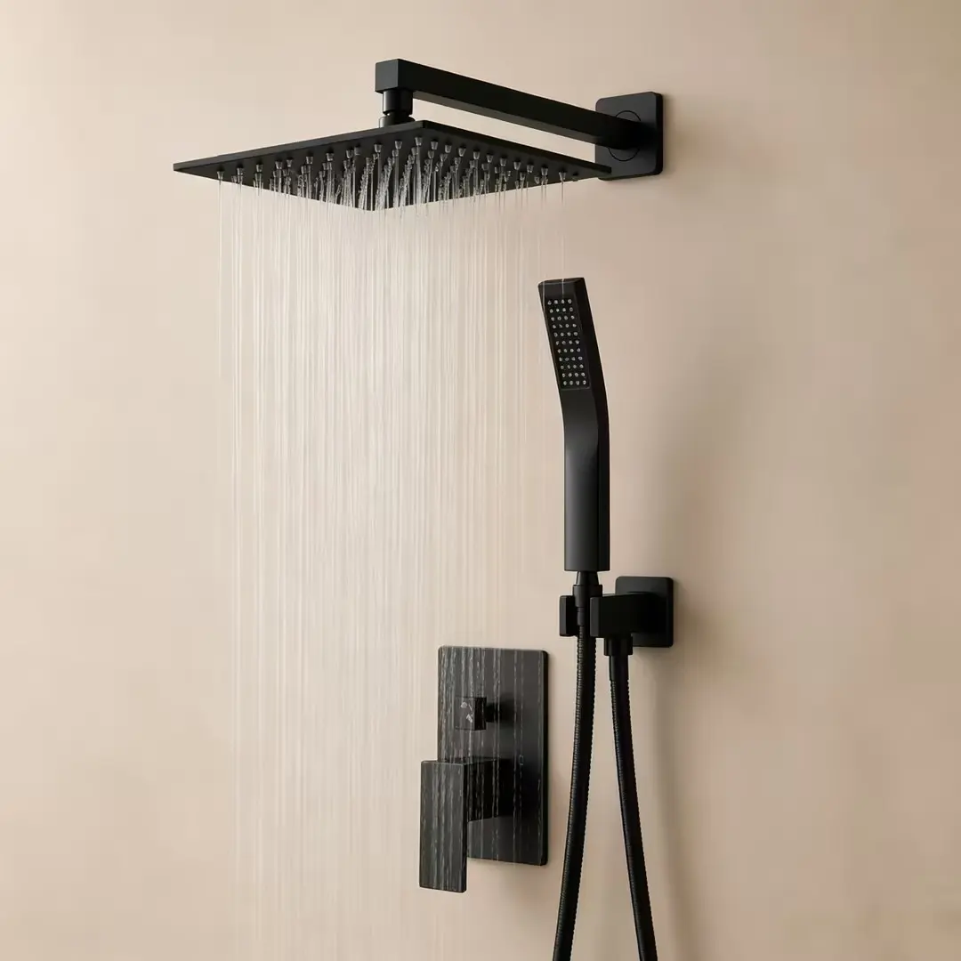 Sweetcrispy Matte Black 12-in Ceiling-Mount Dual Shower System with Rainfall Shower Head, Handheld Spray, Pressure Balance Mixer Valve, Anti-Clog Nozzles, 71-in Hose, Rough-in Valve & Trim Kit, Dual Shower Heads