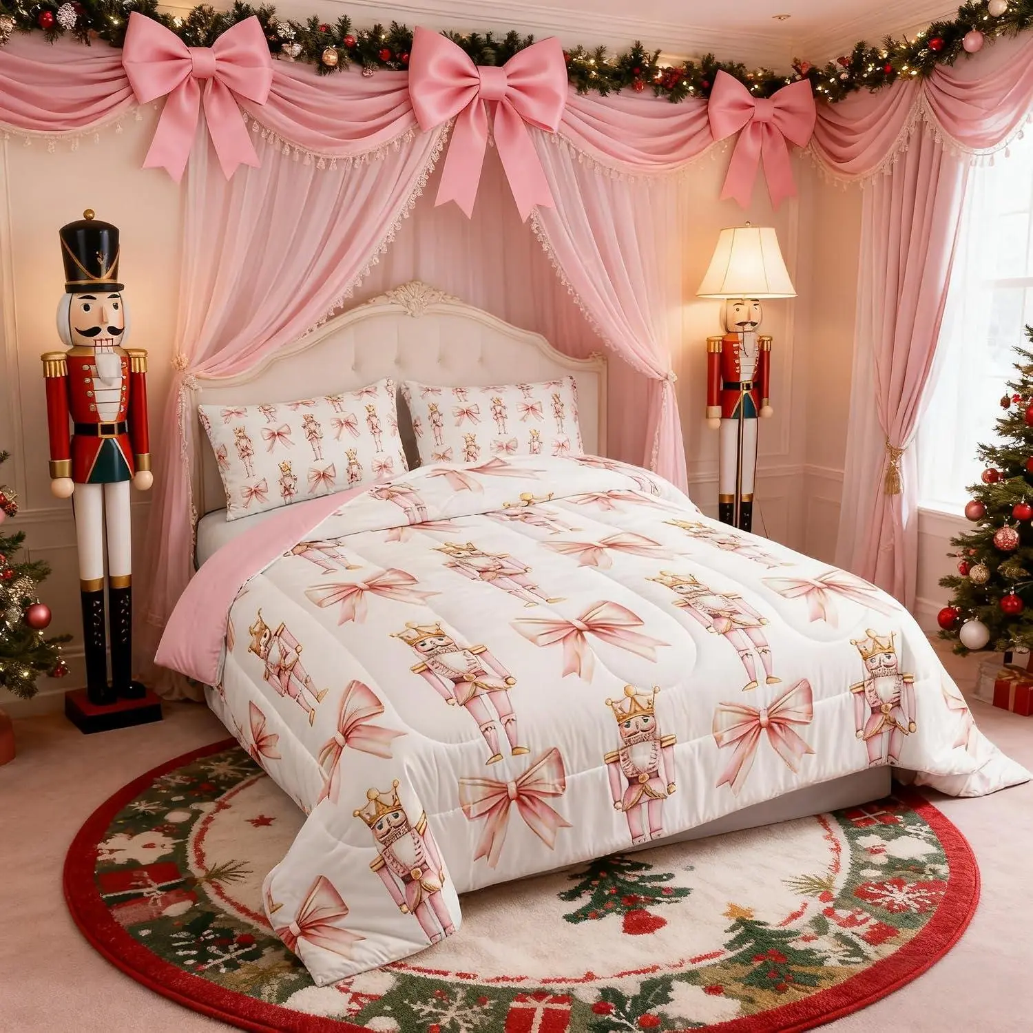 Feelyou Romantic Theme Multi-Size Cartoon Nutcracker Bedding Set - Pink Bowknot Princess Comforter, Travel-Friendly Duvet Insert, Pillowcases, Women's Room Decor; Set Includes Core Bedding Pieces