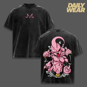 Majin Buu Vintage Washed Oversized T-Shirt, DBZ Pink Majin Graphic Tee, Unisex Streetwear Anime Soft Cotton Top Outfit for Men, Casual Menswear Gift for Anime Fans