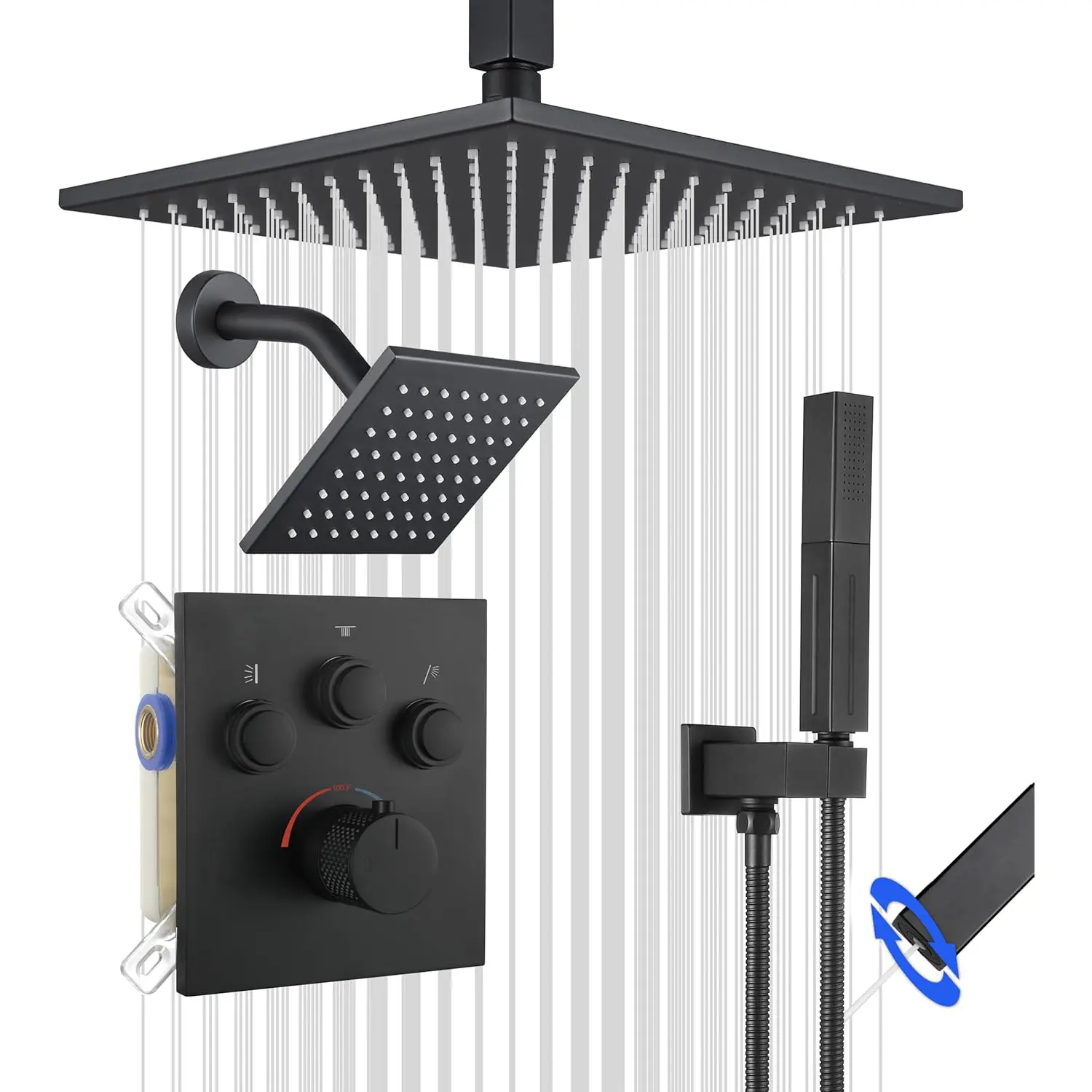 Thermostatic Shower System Matte Black, Push Button Diverter Shower Faucet with 2 in 1 Handheld, Ceiling Mount 12 Inch Shower Head with 6 Inch Wall Mount Shower Head