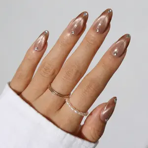 Sophisticated Champagne Cat Eye Press On Nails | Almond Shape Gold Chrome Stripe Crystal Accent Glam Set